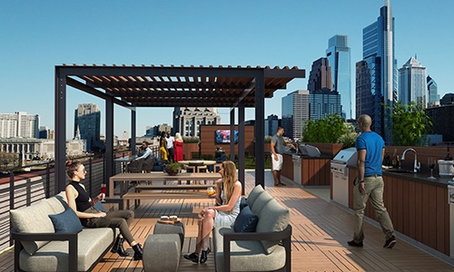 Large rooftop skydeck with fire pit and city views 